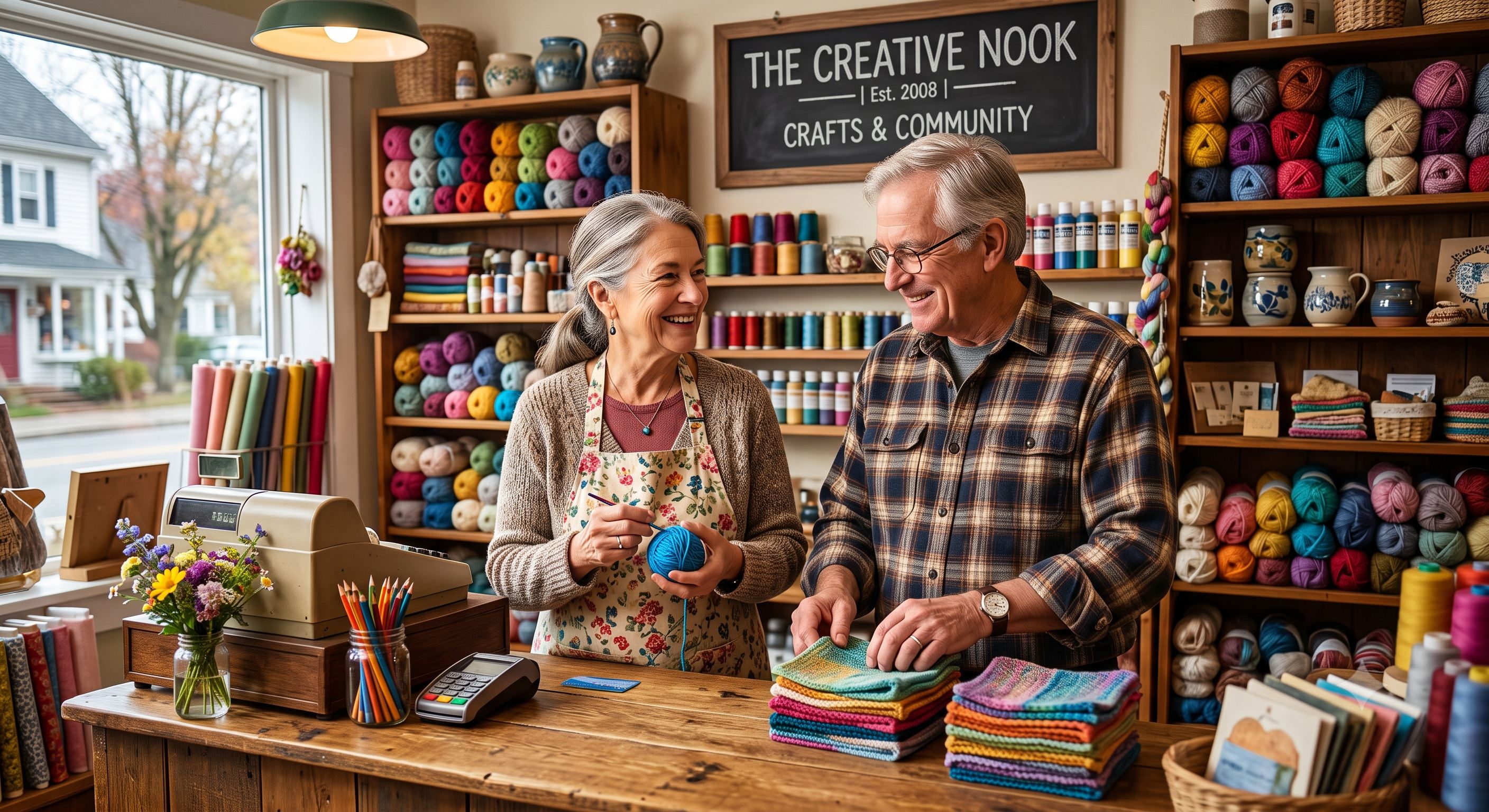 Owners of a local craft and retail shop behind the counter