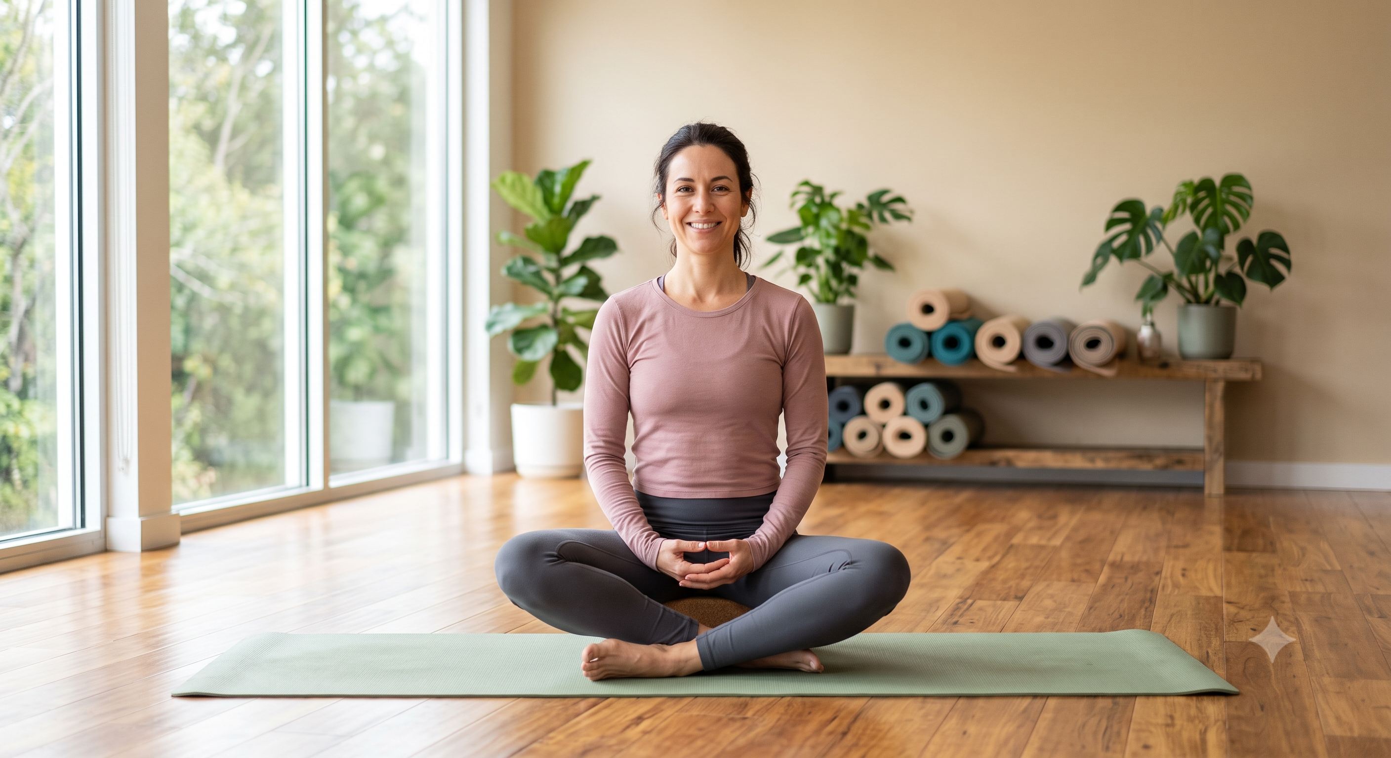 Yoga and wellness studio owner in a bright Metro Detroit studio